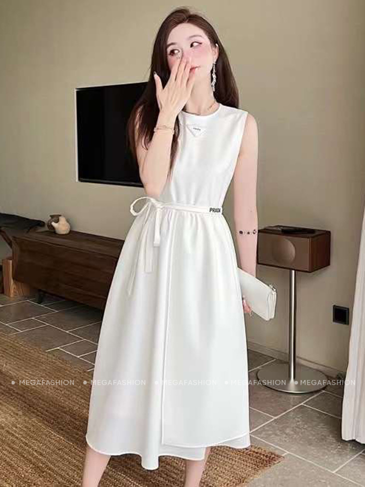 Váy chữ A tay cộc phối màu trắng kèm đai lưng | Váy Đầm