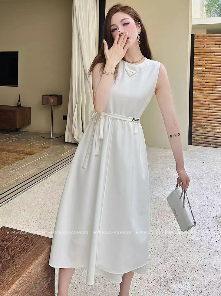 Váy chữ A tay cộc phối màu trắng kèm đai lưng | Váy Đầm