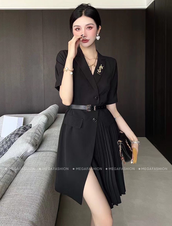 Váy cổ vest YSL phối kèm đai eo bản nhỏ  Váy Đầm