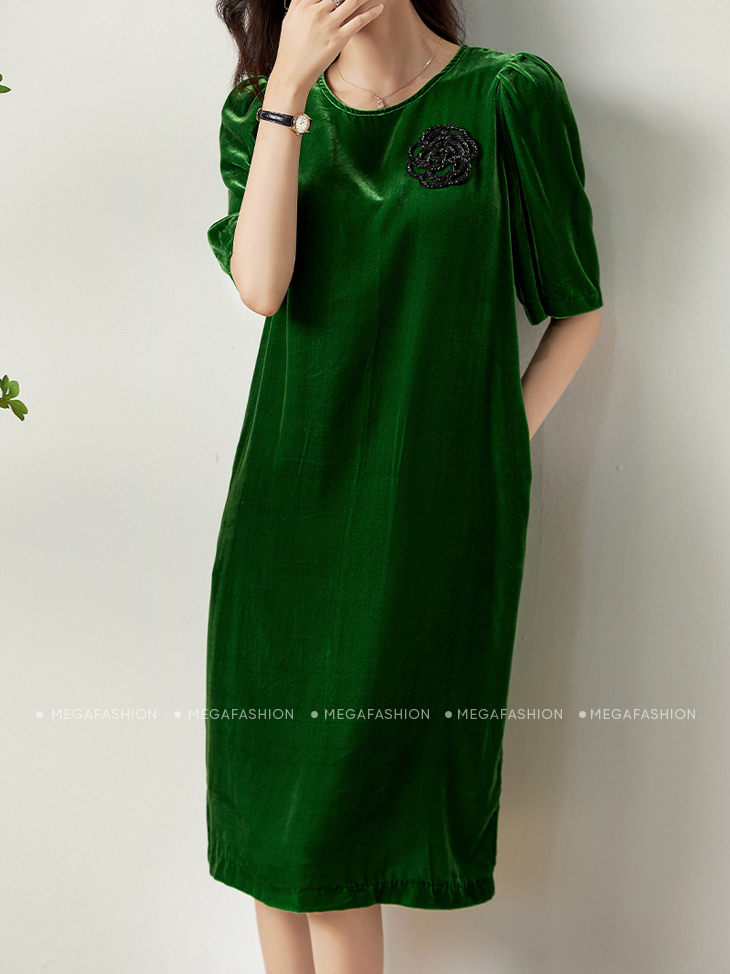 Váy nhung dáng ngắn tay bồng phối màu xanh rêu thời thượng | Váy Đầm