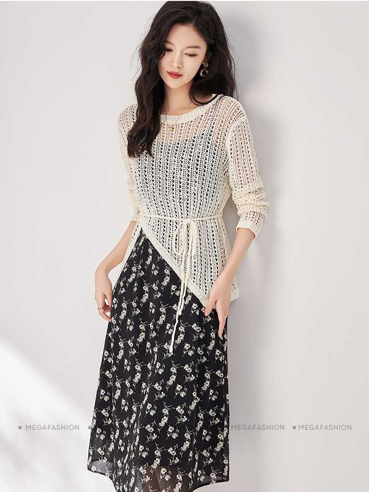 Váy len phối màu phong cách trang nhã MBC068 (Trắng)